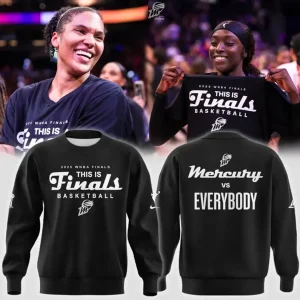 Collage of players and the black Mercury vs Everybody sweatshirt, showing the front and back designs for the 2025 WNBA Finals.