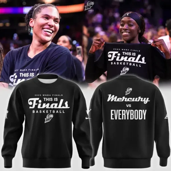 Collage of players and the black Mercury vs Everybody sweatshirt, showing the front and back designs for the 2025 WNBA Finals.