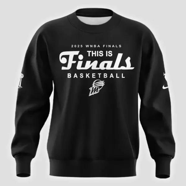 Front of the black 2025 WNBA Finals sweatshirt featuring the text "This is Finals Basketball" and the Mercury team logo in white.