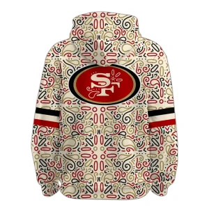 The back of the 49ers Heritage Latino Pattern Hoodie, displaying the large SF oval logo centered on the intricate all-over print.