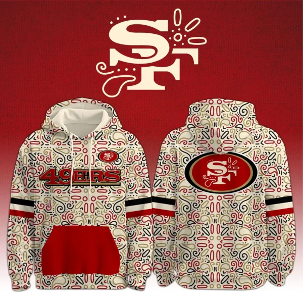 A front and back view of the 49ers Heritage Latino Pattern Hoodie, showcasing the all-over print and team logos on a red background.