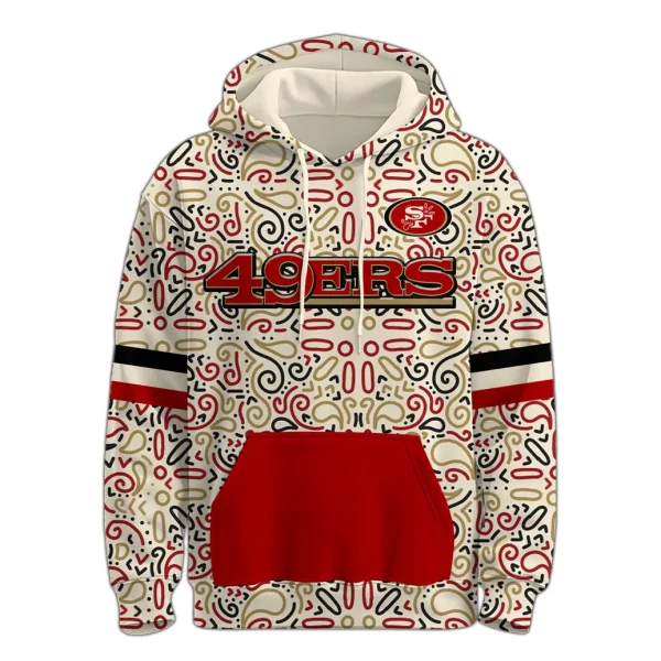 The front of the San Francisco 49ers hoodie, featuring a Latino-inspired pattern, the 49ers wordmark, and a red kangaroo pocket.