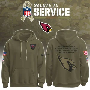 Front and back views of the olive green Arizona Cardinals Salute to Service hoodie, featuring team and military-style patches.