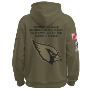 The back of the Arizona Cardinals 2025 Salute to Service hoodie, featuring a large team logo and commemorative text.