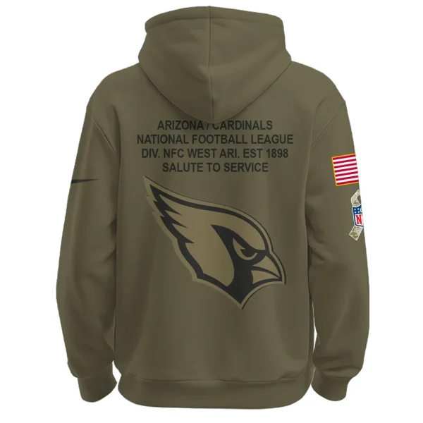 The back of the Arizona Cardinals 2025 Salute to Service hoodie, featuring a large team logo and commemorative text.