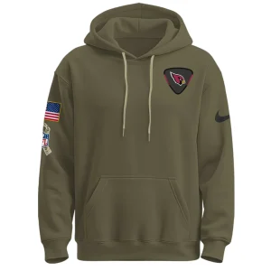 A close-up of the front of the Arizona Cardinals 2025 Salute to Service hoodie, showing the team logo patch and sleeve details.