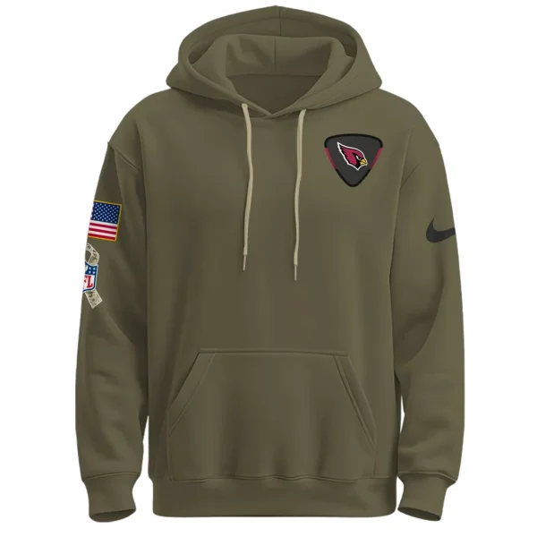 A close-up of the front of the Arizona Cardinals 2025 Salute to Service hoodie, showing the team logo patch and sleeve details.