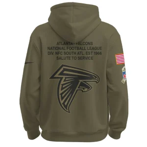 Back of the Atlanta Falcons Salute to Service hoodie with a large team logo and commemorative text.