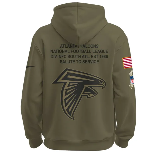 Back of the Atlanta Falcons Salute to Service hoodie with a large team logo and commemorative text.