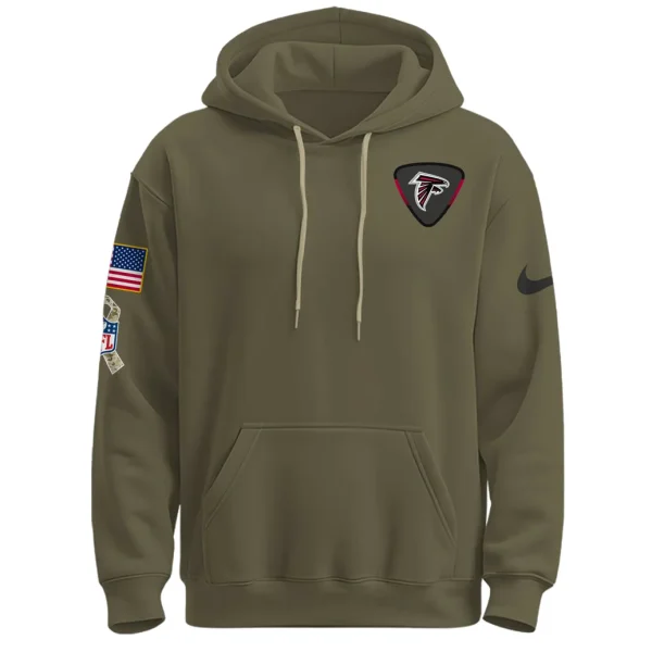 Front of the Atlanta Falcons Salute to Service hoodie showing the team logo on the chest and patches on the sleeve.