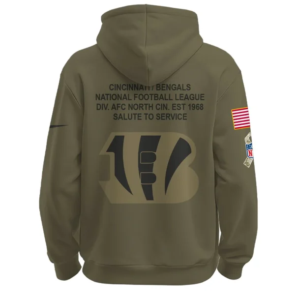 Back of the Cincinnati Bengals Salute To Service hoodie showing the large B logo, team text, and American flag patch on the sleeve.