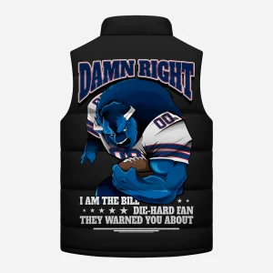 The back of the Buffalo Bills puffer jacket with "Damn Right" text and a graphic of a muscular buffalo mascot for the die-hard fan.