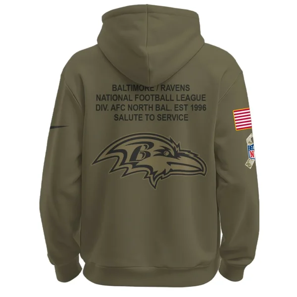 Back of the Baltimore Ravens Salute To Service hoodie featuring a large team logo, text, and an American flag patch on the sleeve.