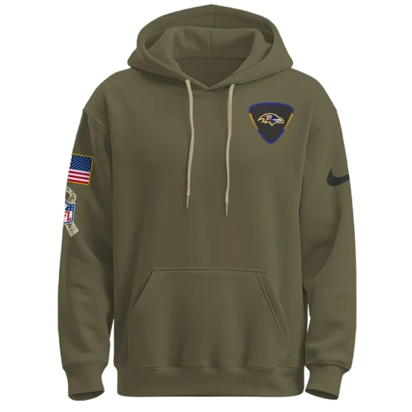 Front of the olive green Baltimore Ravens Veteran Day hoodie showing the team logo patch on the chest and military-style patches.