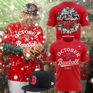 A promotional image showing a Red Sox player celebrating and the front and back of the red 2025 October Baseball t-shirt.