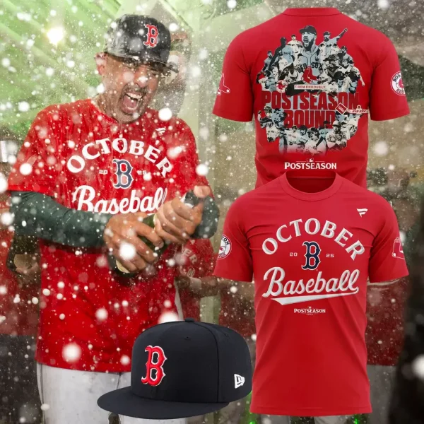 A promotional image showing a Red Sox player celebrating and the front and back of the red 2025 October Baseball t-shirt.