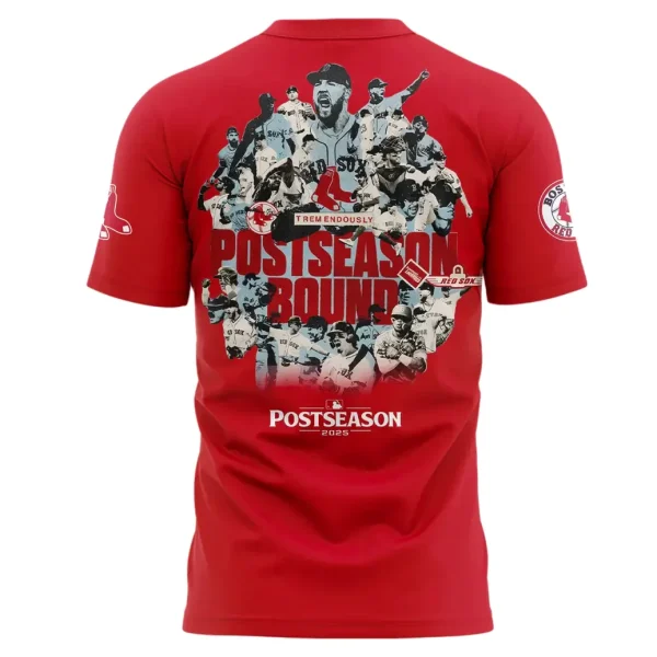 Back view of the red Boston Red Sox t-shirt with a Postseason Bound graphic featuring a collage of celebrating players.