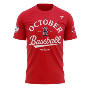 Front view of the red Boston Red Sox 2025 October Baseball t-shirt featuring the team's B logo and Postseason text.