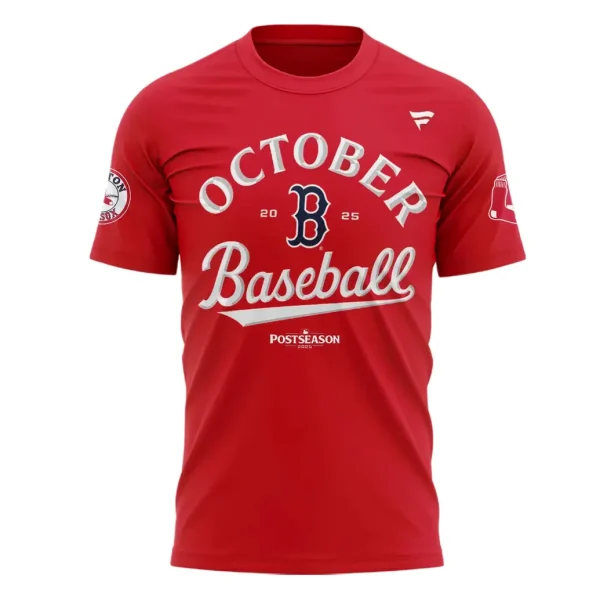Front view of the red Boston Red Sox 2025 October Baseball t-shirt featuring the team's B logo and Postseason text.