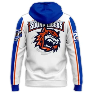 Back view of the white Bridgeport Islanders hoodie showing the Sound Tigers text above the large orange and blue tiger head logo.