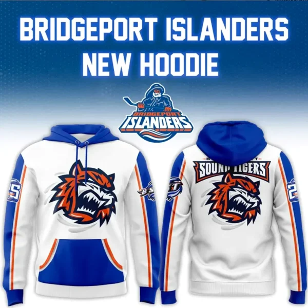 A promotional image showing both the front and back of the new white and blue Bridgeport Islanders hoodie with a tiger logo.