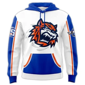 Front view of the white Bridgeport Islanders hoodie with a blue hood, pocket, and a large orange and blue tiger head logo.