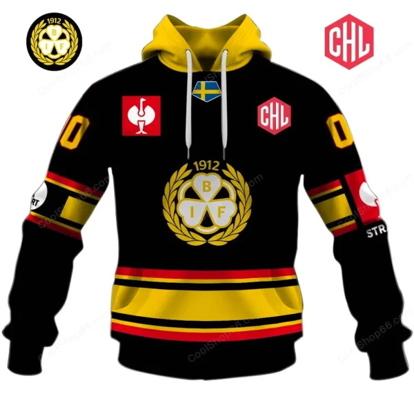 Front view of black Brynas IF CHL 2025-2026 hoodie with yellow hood lining, white drawstrings, large gold club crest on chest, CHL and sponsor patches on upper chest and sleeves, and red and yellow stripe bands at hem and sleeves.