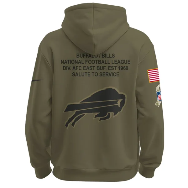 Back of the Buffalo Bills Salute to Service hoodie, showing a large stencil logo and "Salute to Service" text in military green.