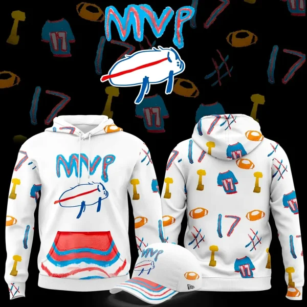 Front and back views of the Josh Allen Billustration hoodie with a matching cap against a background of the design elements.