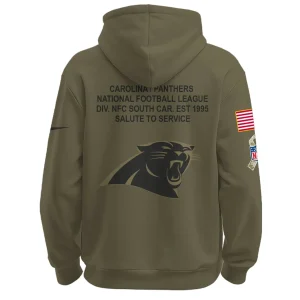 Back of the Carolina Panthers hoodie with "Salute to Service" text and a large team logo printed below the hood.