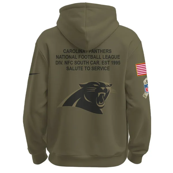 Back of the Carolina Panthers hoodie with "Salute to Service" text and a large team logo printed below the hood.