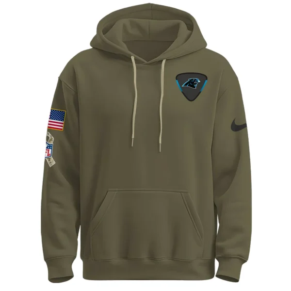 Front of the olive green Carolina Panthers hoodie showing the team crest on the chest and an American flag patch on the sleeve.