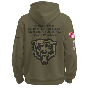 Back of the Chicago Bears Salute To Service hoodie featuring a large Bears head logo and text details about the team.