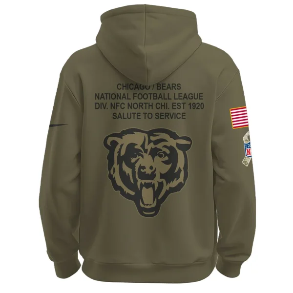Back of the Chicago Bears Salute To Service hoodie featuring a large Bears head logo and text details about the team.