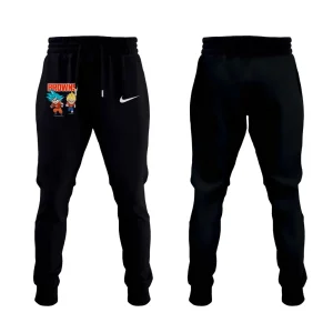 A pair of black jogger sweatpants with a small Cleveland Browns, Goku, and Vegeta graphic on the right thigh. Front and back view.
