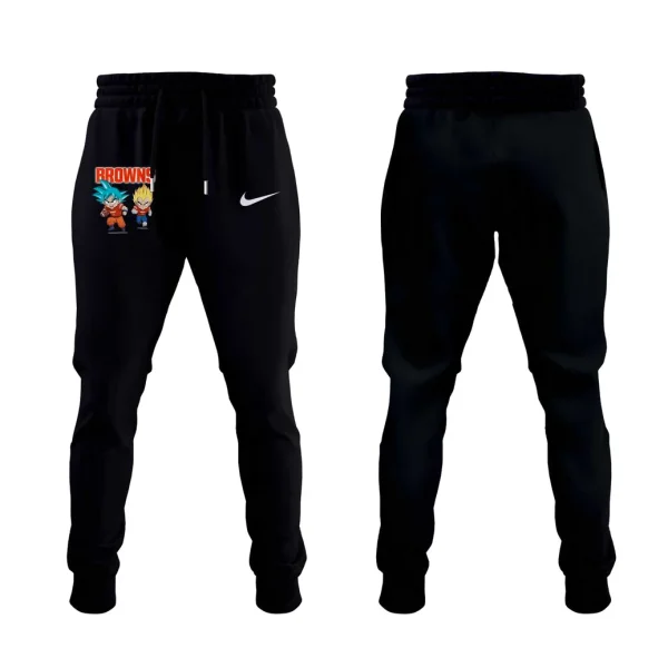 A pair of black jogger sweatpants with a small Cleveland Browns, Goku, and Vegeta graphic on the right thigh. Front and back view.