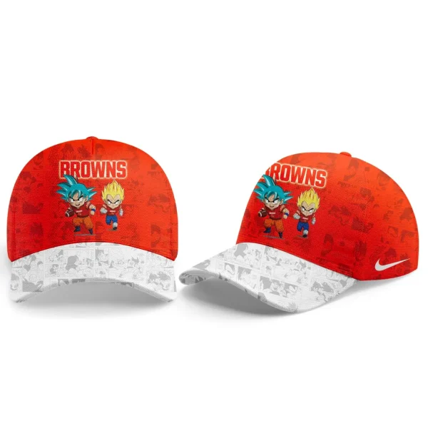 A matching orange and white Cleveland Browns cap with Goku and Vegeta on the front and a manga panel design on the brim.
