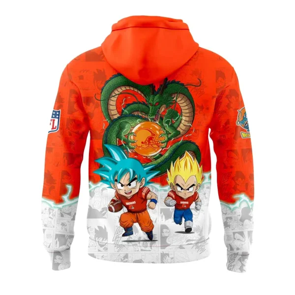 Back of the Cleveland Browns Dragon Ball hoodie featuring chibi Goku and Vegeta in football gear below Shenron holding a Dragon Ball.