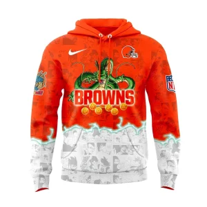 Front of the orange and white Cleveland Browns x Dragon Ball hoodie showing Shenron the dragon over the Browns team name.