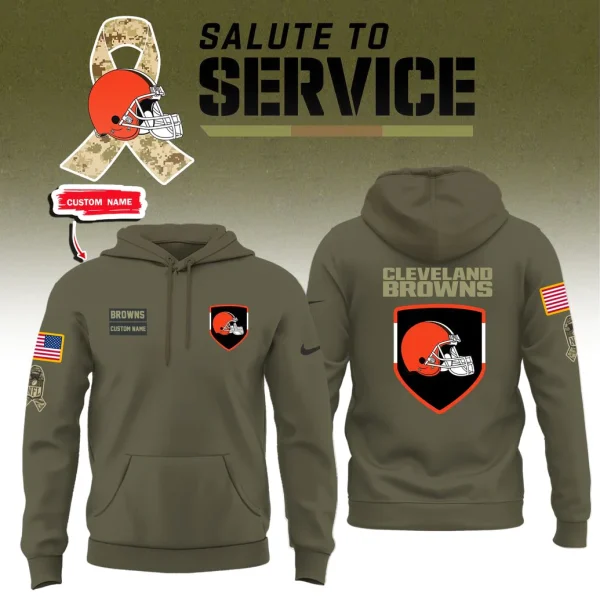 Front and back of the Cleveland Browns Salute to Service hoodie, featuring a custom name patch, American flag, and team logos.