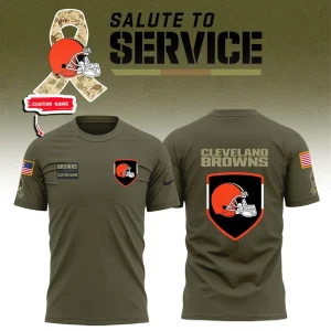 Front and back views of the olive green Cleveland Browns Salute to Service t-shirt with option for a custom name.