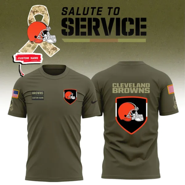 Front and back views of the olive green Cleveland Browns Salute to Service t-shirt with option for a custom name.