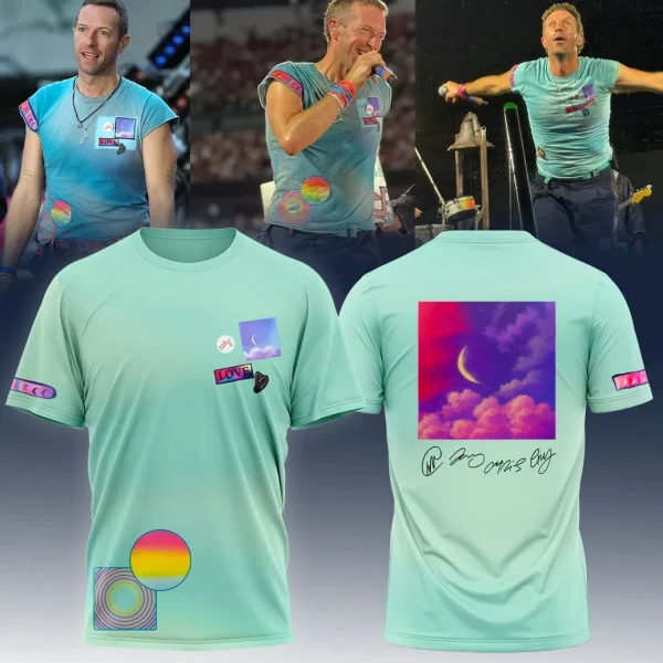 Collage of Chris Martin on stage and front/back views of the mint green Coldplay Music of the Spheres 2025 tour t-shirt.