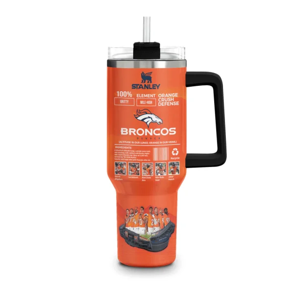 Back view of the Denver Broncos 40oz tumbler featuring a fun team-themed ingredients list and player images on an orange background.