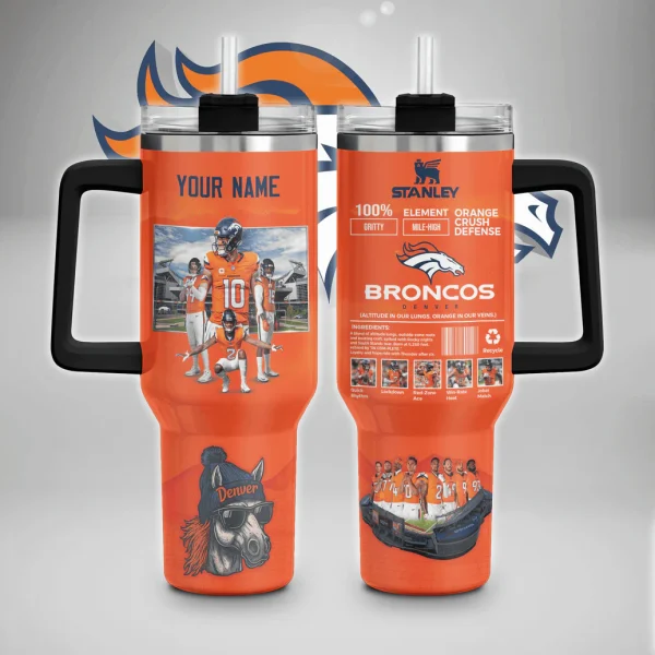 A personalized Denver Broncos 40oz tumbler in orange, showing the custom name area, player collage, and team-themed design.