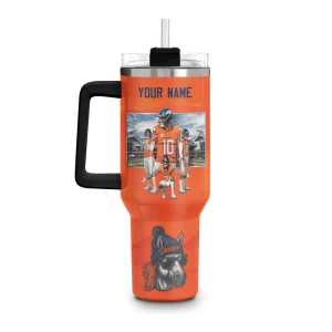 Front view of the custom Denver Broncos 40oz tumbler showing the placeholder for a name and a collage of football players.