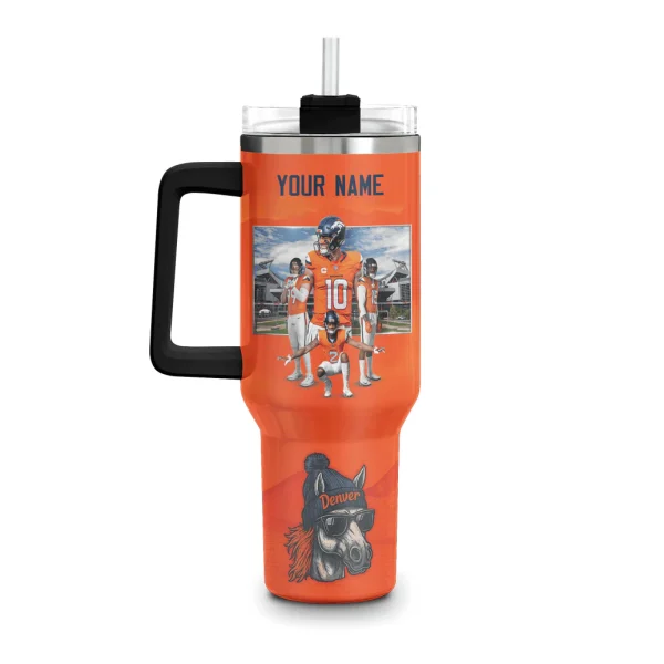 Front view of the custom Denver Broncos 40oz tumbler showing the placeholder for a name and a collage of football players.