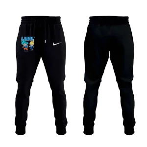 Front and back of black joggers with the Detroit Lions logo and Dragon Ball's Goku and Vegeta characters on the right thigh.