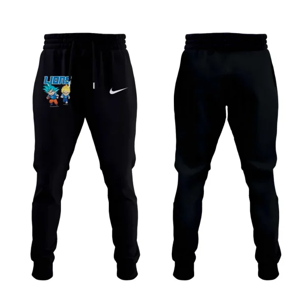 Front and back of black joggers with the Detroit Lions logo and Dragon Ball's Goku and Vegeta characters on the right thigh.