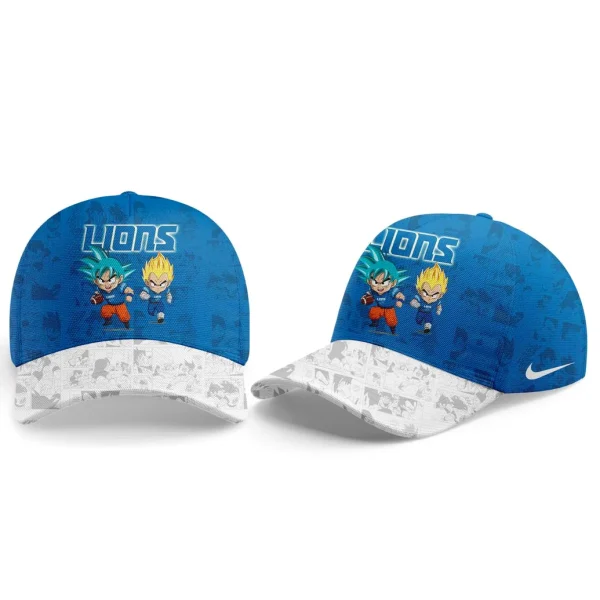 Front and side views of a blue Detroit Lions cap featuring chibi Goku and Vegeta, with a white manga-style brim.